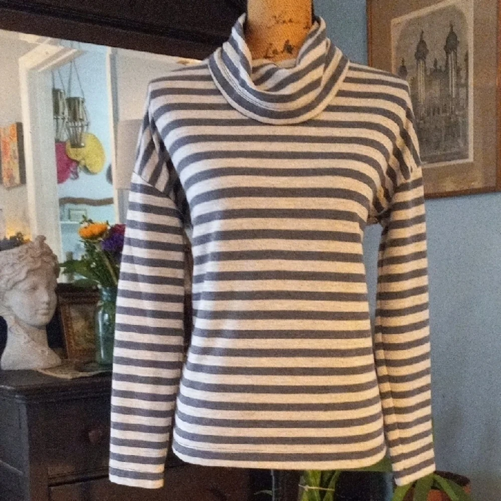 J. Crew Heather Gray and Blue Striped Women's Cowl Neck Sweater